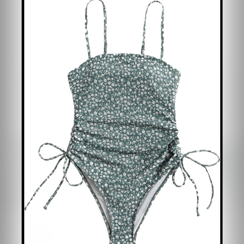 SWIMSUIT One Piece L green white floral ruched sides adjustable cottagecore VGUC